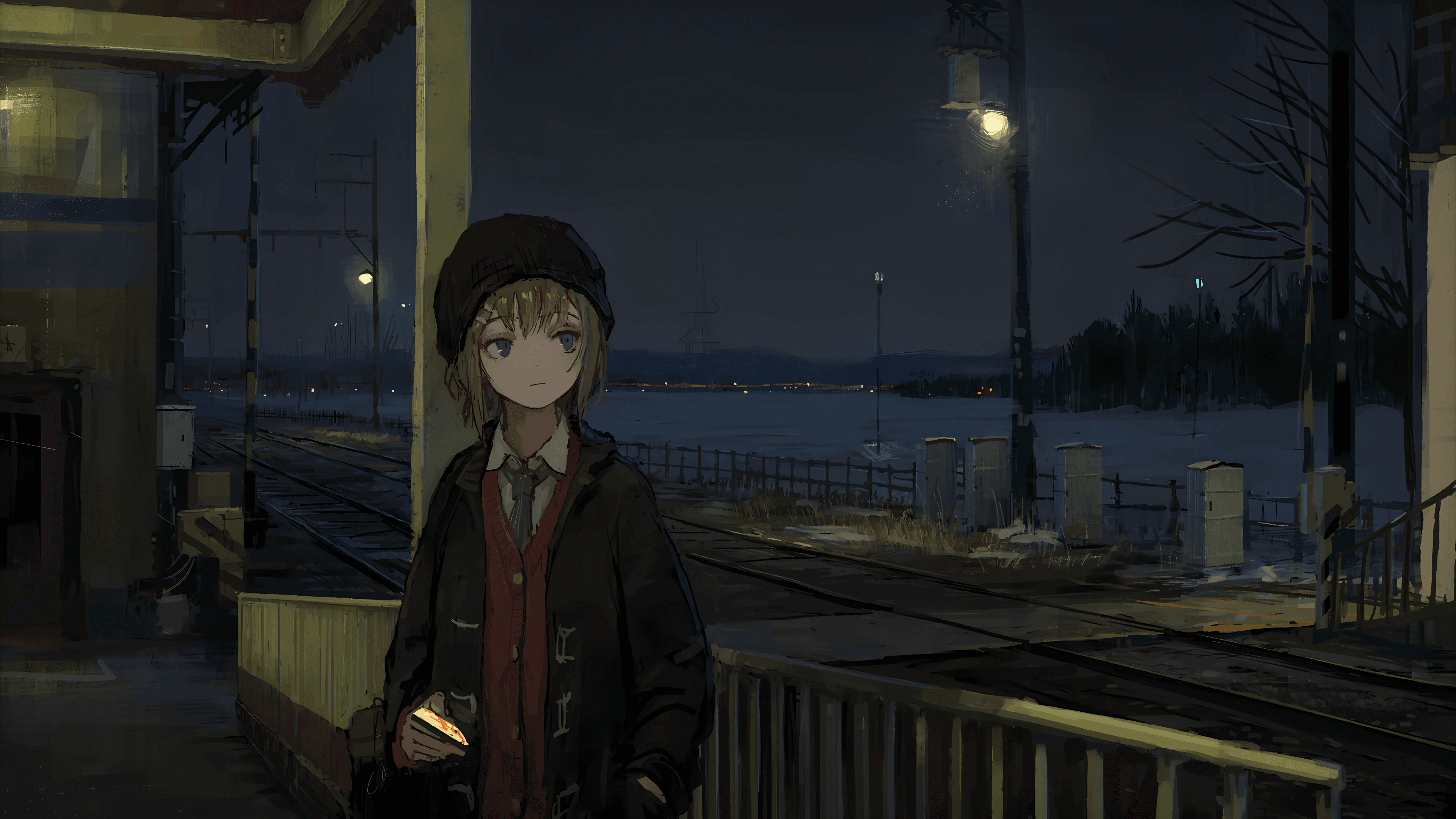 A misty mountain valley with a small village by the water.